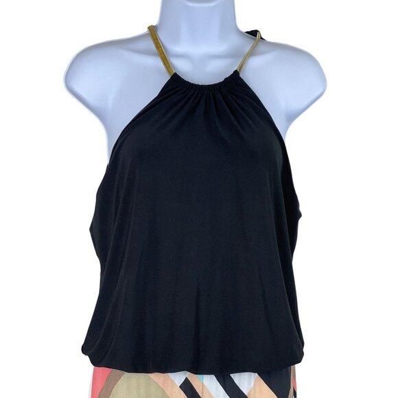 Dressbarn Sleeveless Wide Leg Jumpsuit Black Colorful Gold Collar Women's Size L - Picture 3 of 10